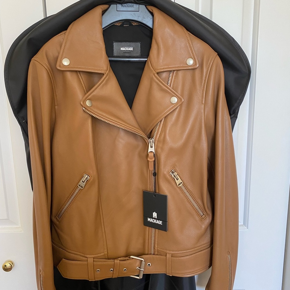 Mackage Kylie Tan Leather Moto Jacket with Removable Belt - NWT - Colour: Camel